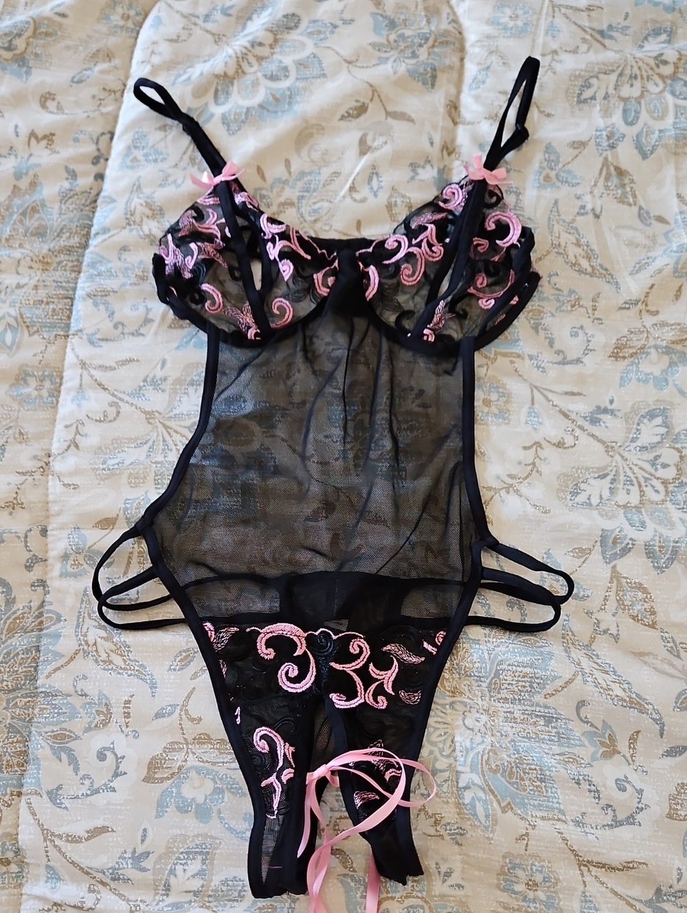 Black & Pink Sheer Lace Teddy Bodysuit - Women Intimates
